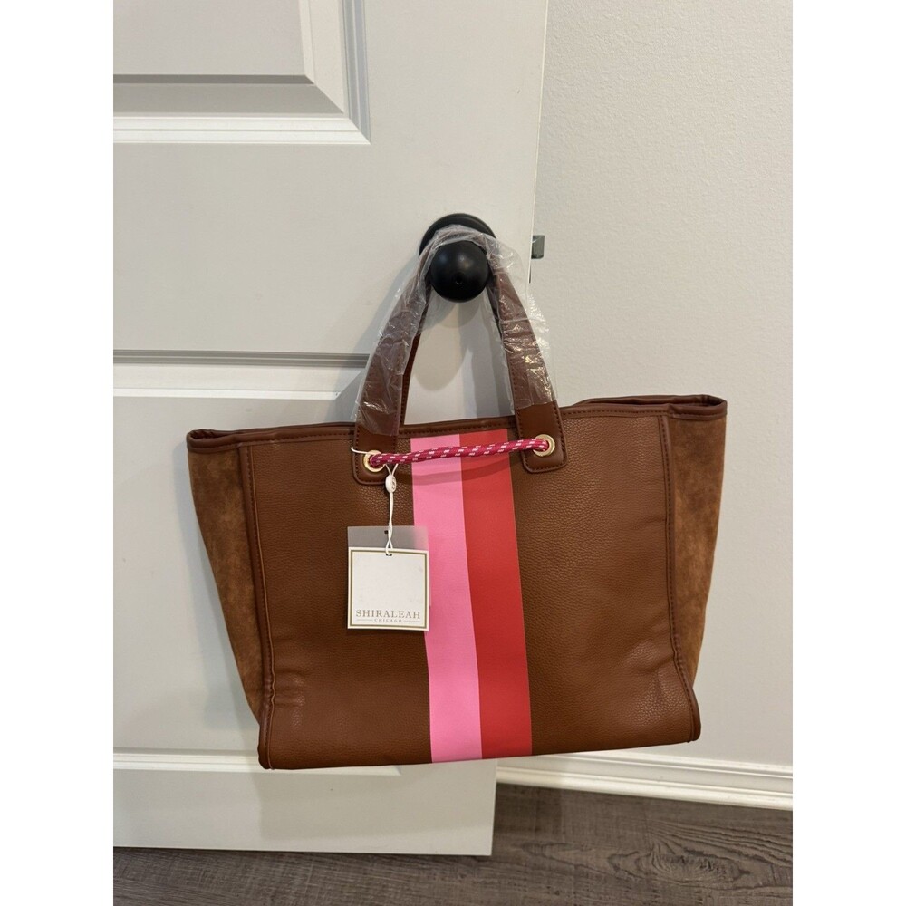 NWT SHIRALEAH EMERY Vegan Leather /suede TOTE bag brown pink red striped